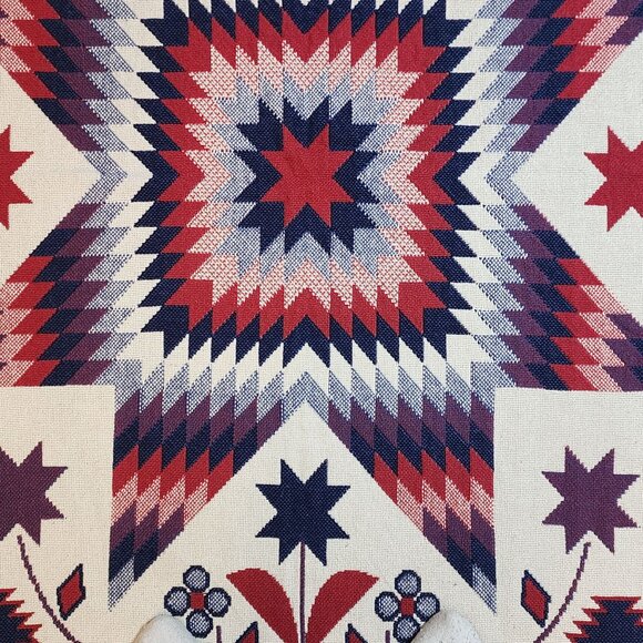 Woven Blanket Wall Hanging Patriotic Red White Blue Fringed Flowers Patchwork - Picture 7 of 14